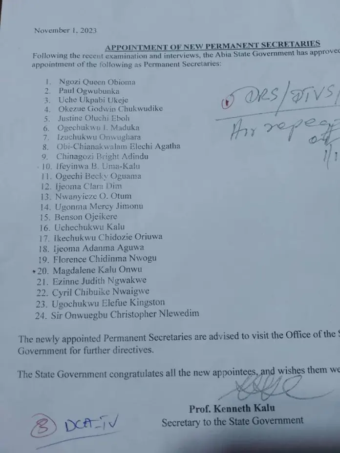 Gov. Otti Appoints 24 New Permanent Secretaries [Full List]