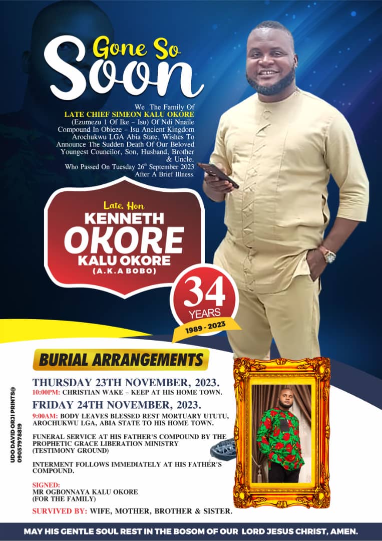 34-Year-Old Abia Ex-Councillor, Kalu Okore Set For Burial Today (See Poster)
