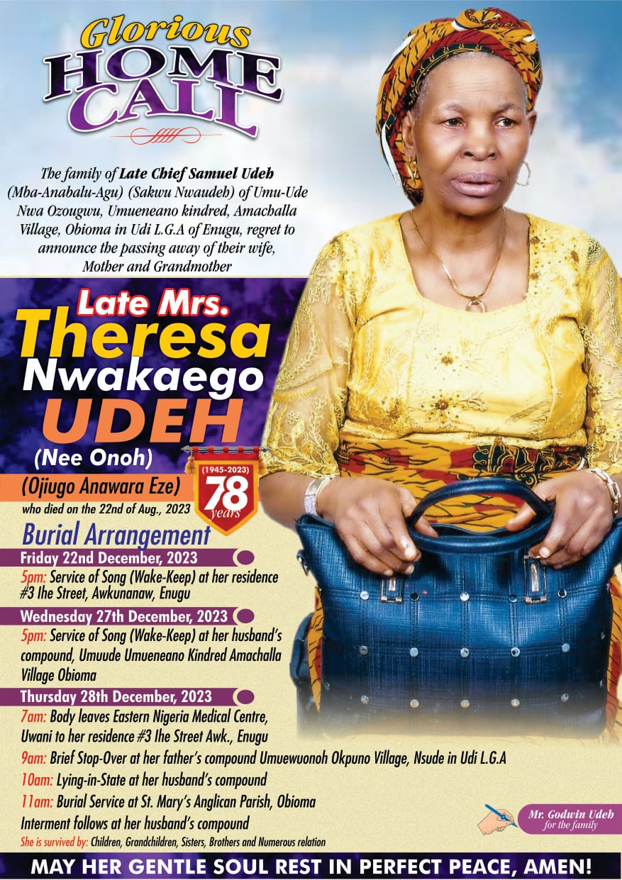 78-Year-Old Theresa Udeh Set For Burial In Enugu Dec. 28 [See Poster]