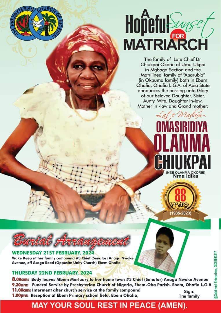 88-Year-Old Late Omasiridiya Chiukpai Set For Burial In Ebem Ohafia Thursday [See Poster]