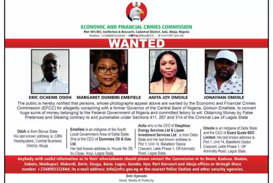 EFCC Declares Ex-CBN Governor, Emefiele’s Wife, Others Wanted