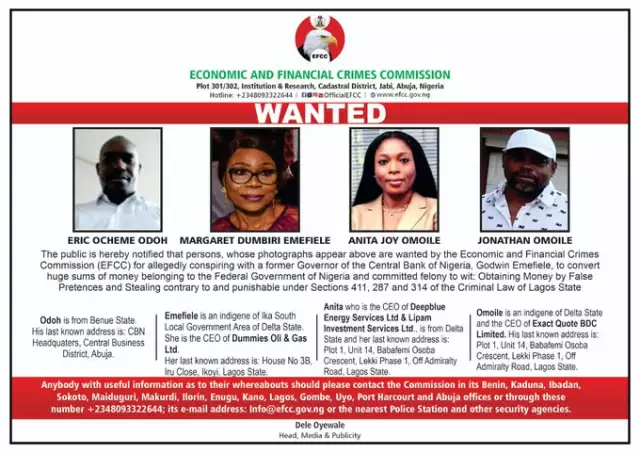 EFCC Declares Ex-CBN Governor, Emefiele’s Wife, Others Wanted