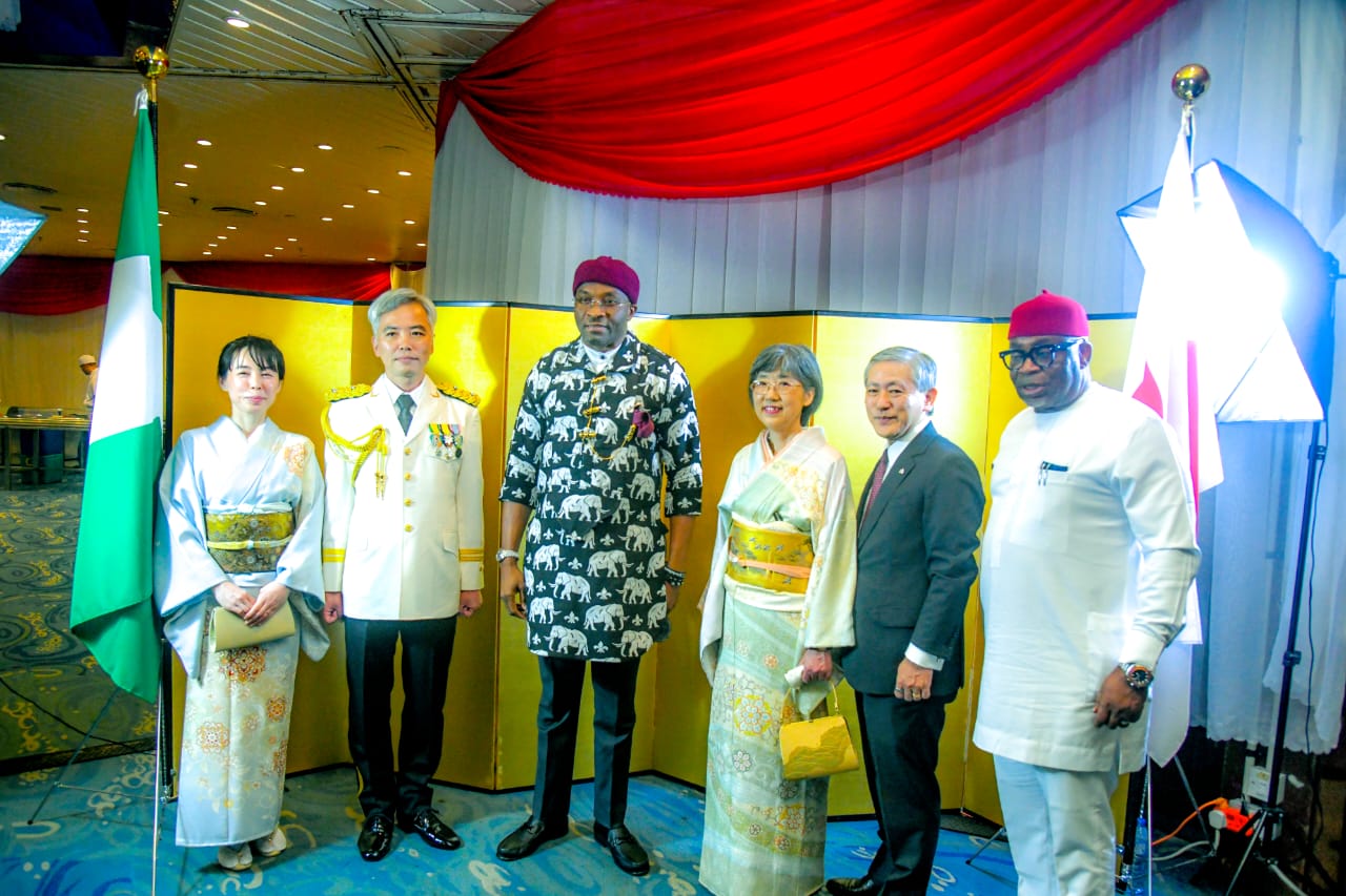 Deputy Speaker, House of Representatives, Deputy Speaker, His Excellency, Rt.  Benjamin Okezie Kalu (middle), his Chief of Staff, Rt Hon. Toby Okechukwu with the Ambassador of Japan and other Japanese Officials at the 64th Birthday Celebration of His Majesty, the Emperor of Japan in Abuja