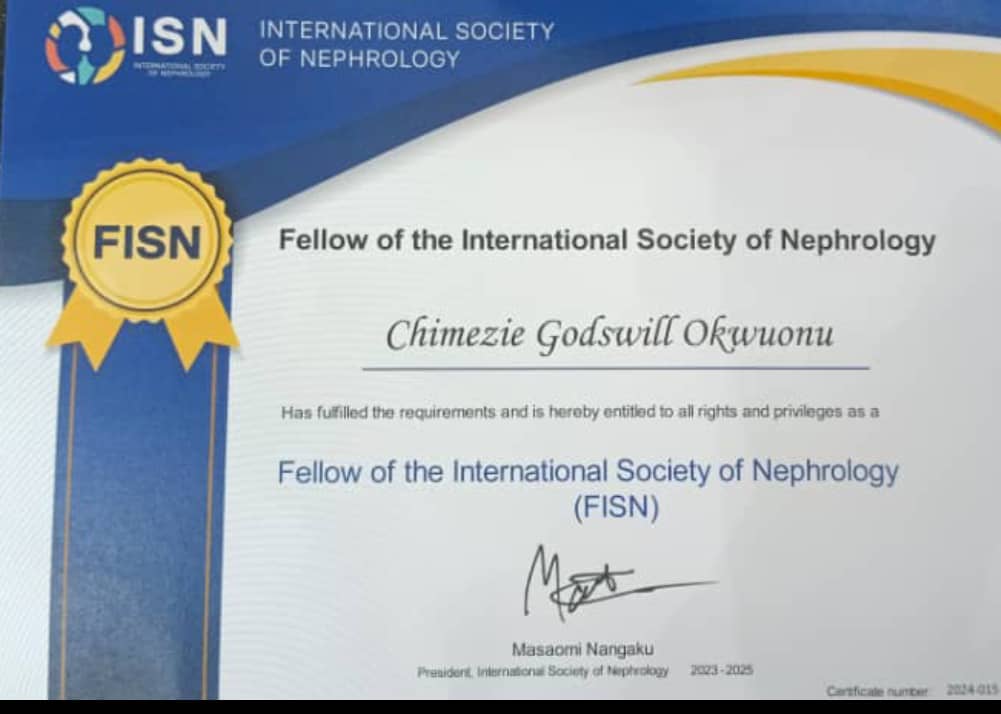 CMD Abia Specialist Hospital, Dr. Okwuonu Recognized With ISN Fellowship For Pioneering Work In Kidney Disease Care