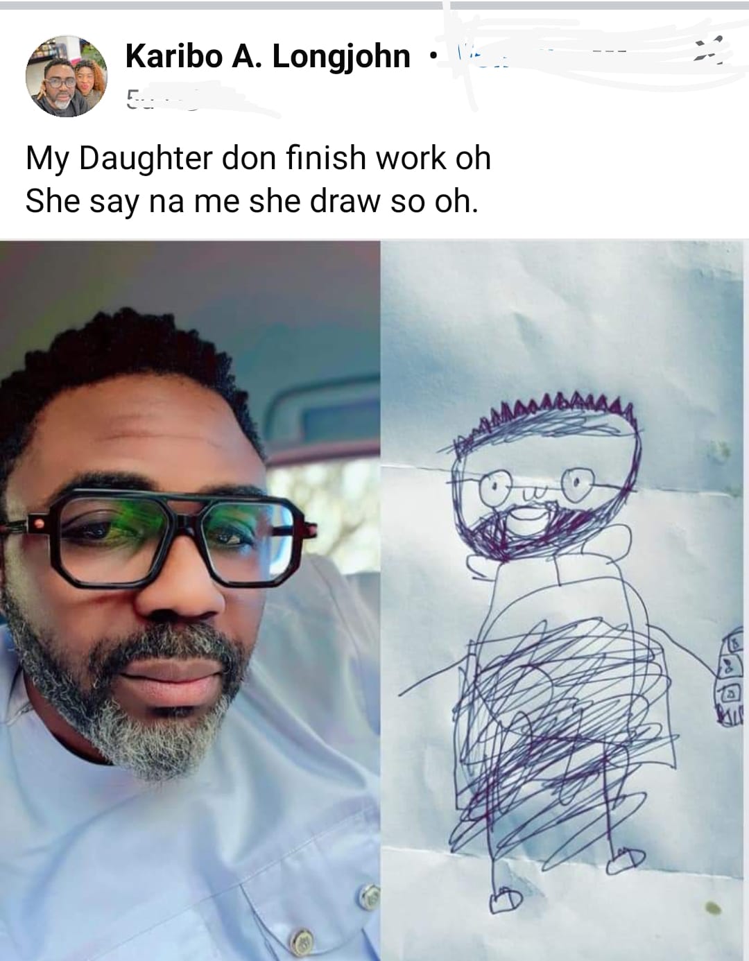 A photo of the drawing and Karibo's social media post has been shared online, showcasing the daughter's artwork and her father's amused reaction.