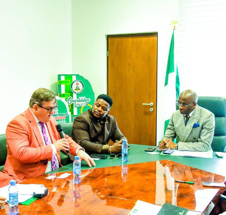 Deputy Speaker of the House of Representatives, Rt Hon. Benjamin Kalu (r) with Senior Deputy Vice-Chancellor of the University of Lincoln, Mr Simon Parkes (l) and Dr. Wisdom John Okoye of Eminent Transglobal Services Ltd (m) who paid him a courtesy visit at the National Assembly, May 22, 2024.    Photo: Deputy Speaker's Media office