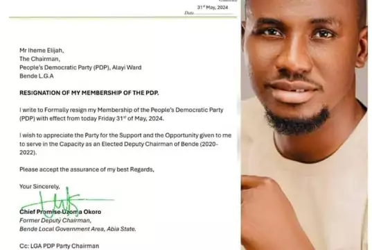 Former Bende LGA Deputy Chairman Promise Uzoma Okoro Dumps PDP Former Bende LGA Deputy Chairman Promise Uzoma Okoro Dumps PDP