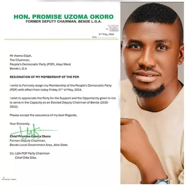 Former Bende LGA Deputy Chairman Promise Uzoma Okoro Dumps PDP Former Bende LGA Deputy Chairman Promise Uzoma Okoro Dumps PDP