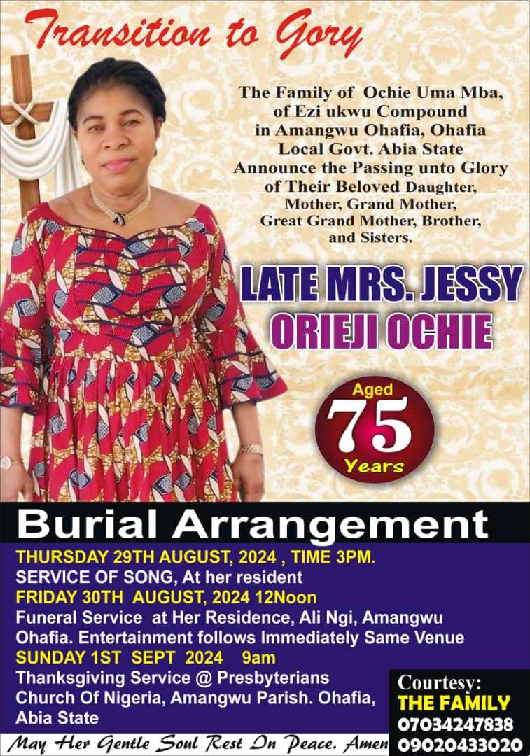 Late Mrs. Jessy Orieji Ochie Set For Burial August 30 In Ohafia (See Poster)