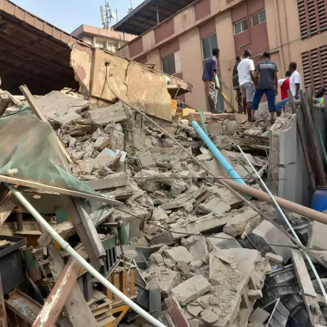 Panic As Two Storey Building Collapses In Lagos Panic As A Two-Storey Building Collapses In Lagos