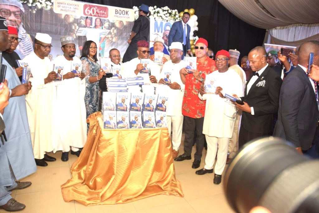 From 4th left… Wife of the Celebrant , Mrs. Faurstina Ubani; the Celebrant , Dr Monday Ubani (SAN) Senate President Sen. Godswill Akpabio ;Senator Osita Izunaso and others during the 60th Birthday Ceremony / Book Presentation of and investiture of Dr. Monday Onyekachi Ubani as Senior Advocate of Nigeria (SAN) title ‘ the Story of Legal and Human rights Activism’ held at Abuja on 30/9/2024