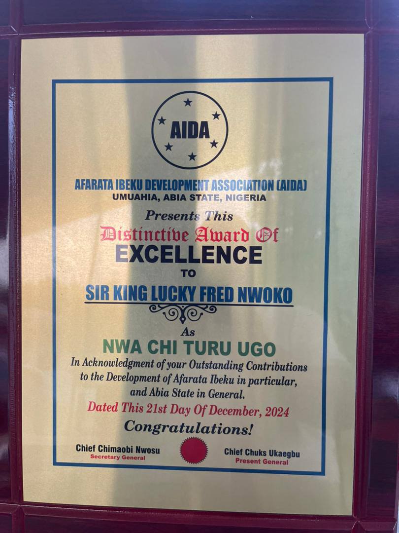 Sir King Lucky Fred Nwoko Honored With Distinctive Award Of Excellence By Afarata Ibeku Development Association