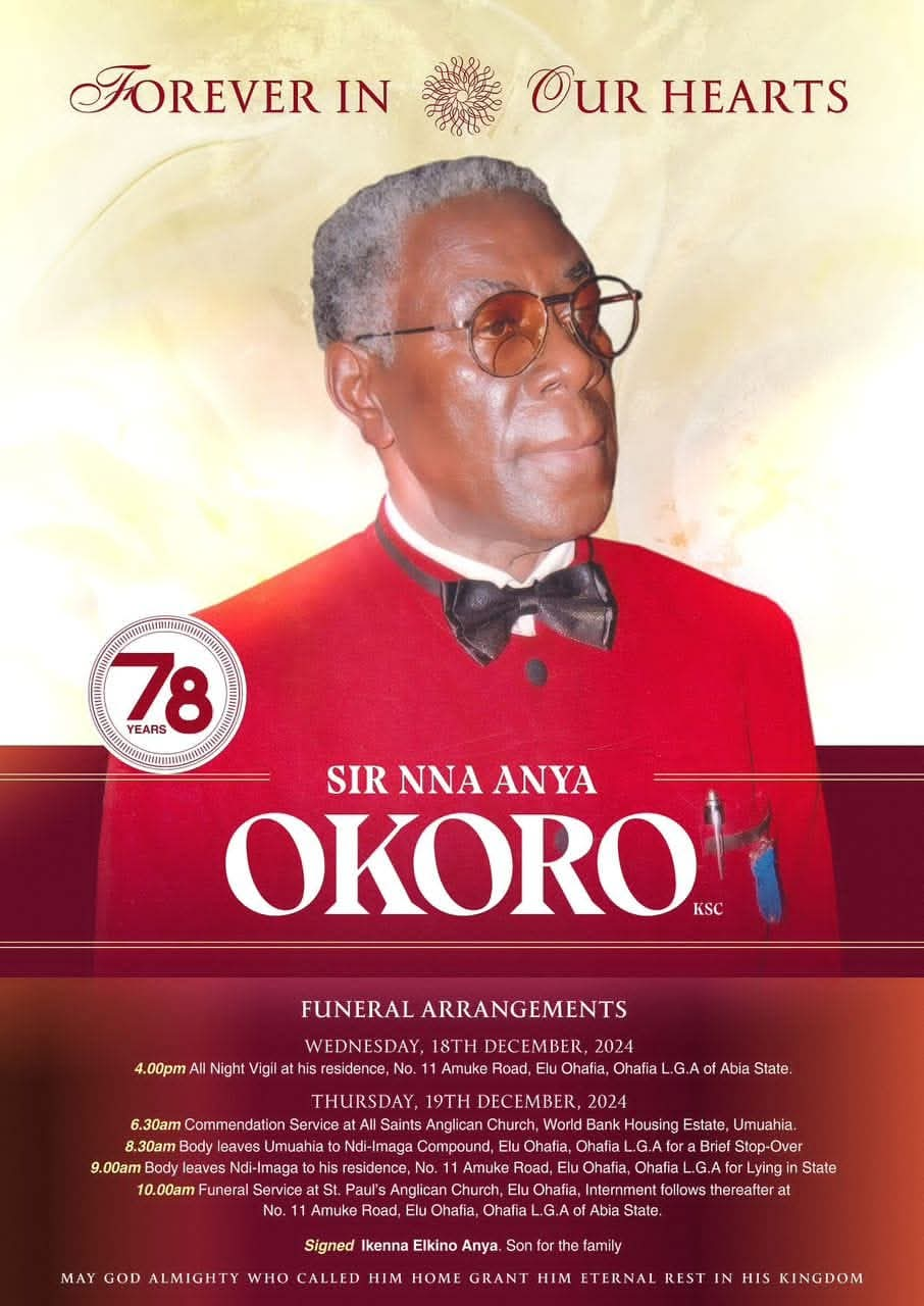 Sir Nna Anya Okoro Set Burial December 18th, 19th In Ohafia (See Poster)