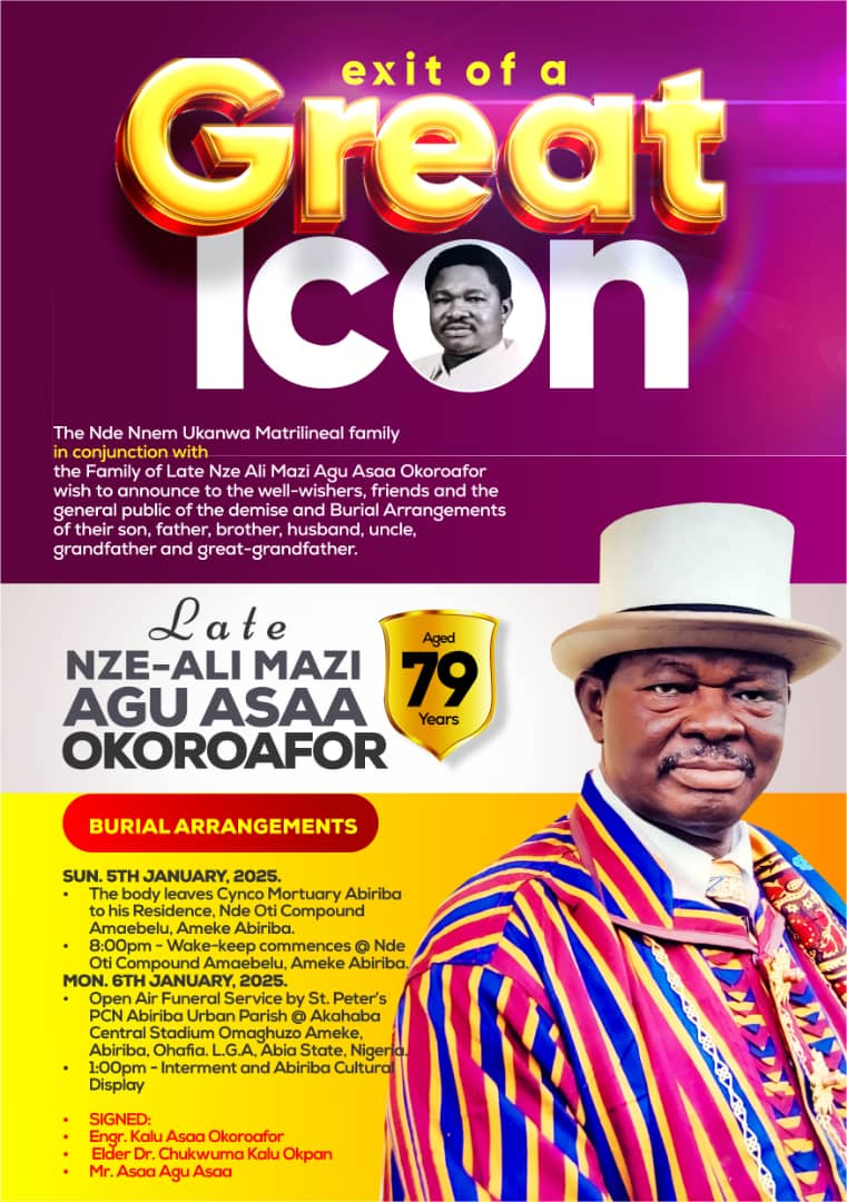 Late Nze Ali Mazi Agu Asaa Okoroafor Set For Burial Jan 6 (See Poster)