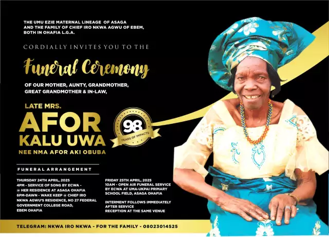 Ohafia Bids Farewell To 98-Year-Old Matriarch, Mrs. Afor Kalu Uwa Ohafia Bids Farewell To 98-Year-Old Matriarch, Mrs. Afor Kalu Uwa
