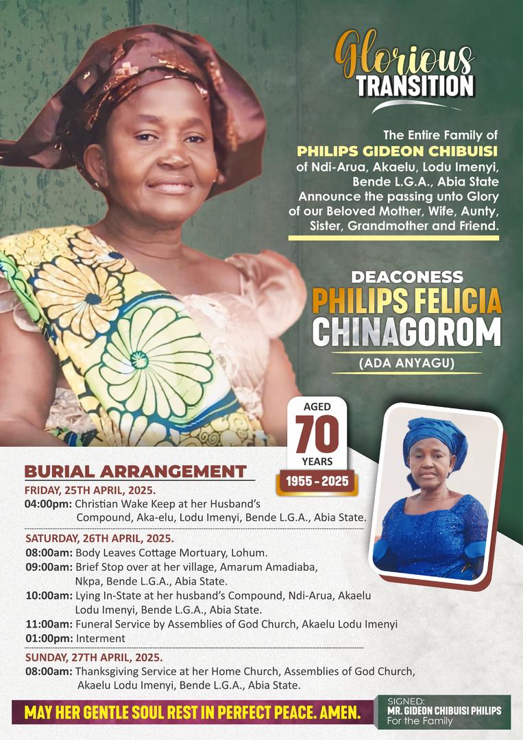Deaconess Philips Felicia Chinagorom Passes On At 70, Burial Slated For April 26 In Bende [See Poster]