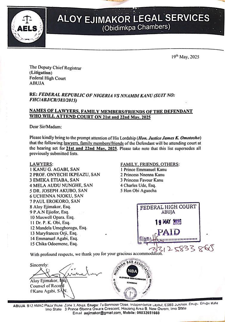 Nnamdi Kanu’s Lawyers, Family Set For May 21, 22 Court Appearance [See Approved Attendance List]