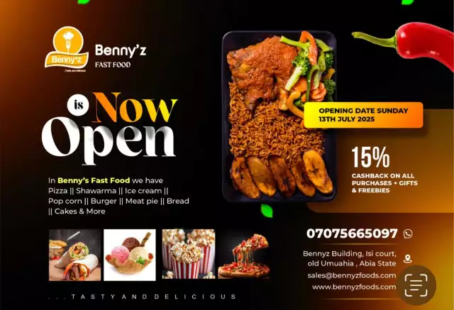 Benny’z Fast Food Set To Open Today In Umuahia With Freebies, iPhones, Special Discounts Benny’z Fast Food Set To Open Today In Umuahia With Freebies, iPhones, Special Discounts