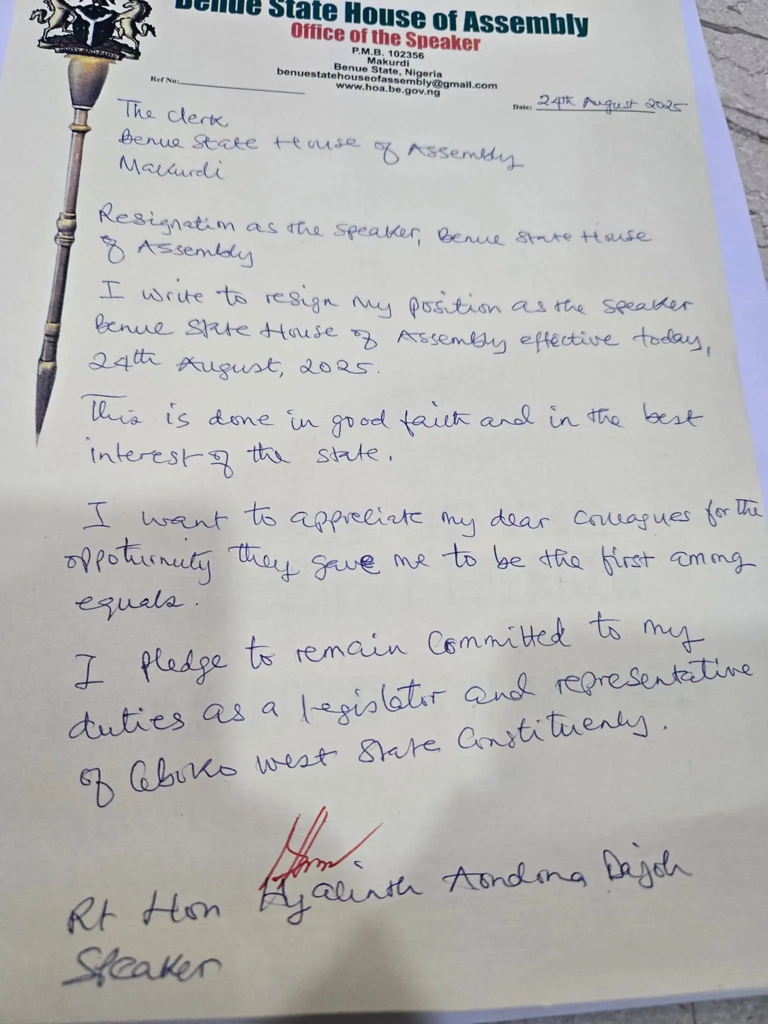 Benue Speaker Aondona Dajoh Resigns, Cites Peace, State Interest