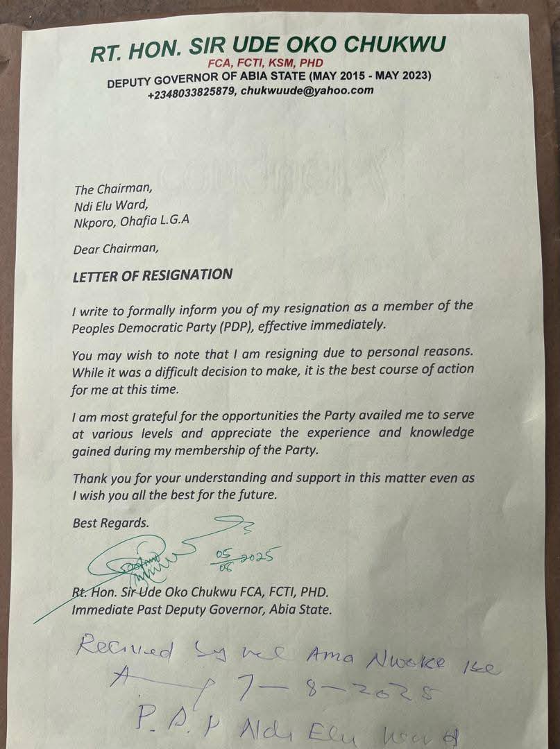 Former Abia Deputy Governor Ude Oko Chukwu Resigns From PDP