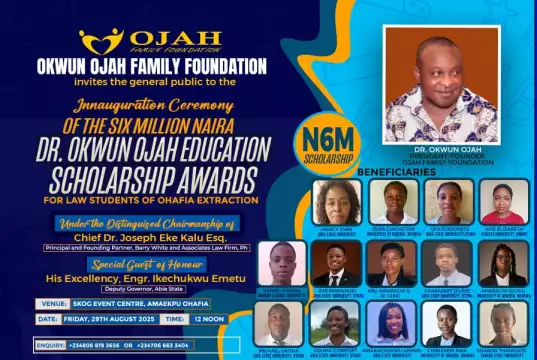 Okwun Ojah Family Foundation To Launch ₦6 Million Scholarship For Ohafia Law Students Okwun Ojah Family Foundation To Launch ₦6 Million Scholarship For Ohafia Law Students