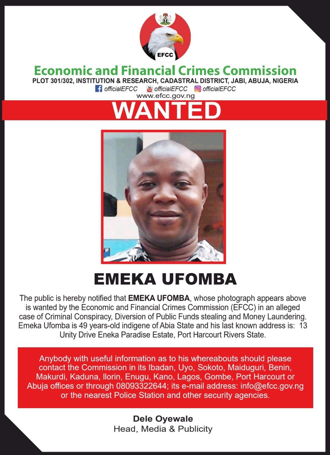 EFCC Declares Abia-born Emeka Ufomba Wanted For Alleged Public Funds Diversion, Money Laundering