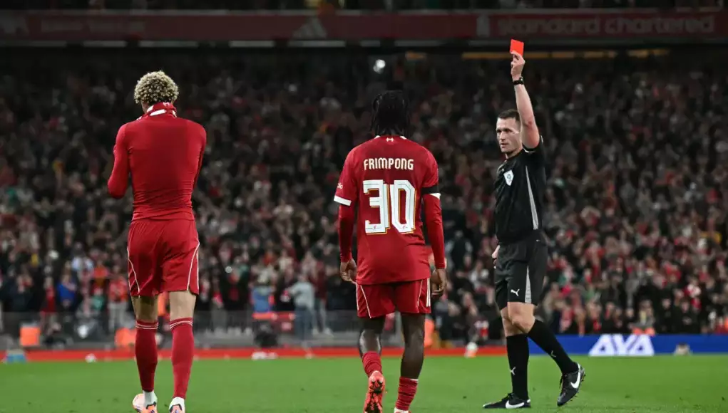Ekitike-being-shown-a-red-card Ekitike Apologises After Red Card for “Stupid” Celebration in Liverpool Cup Win