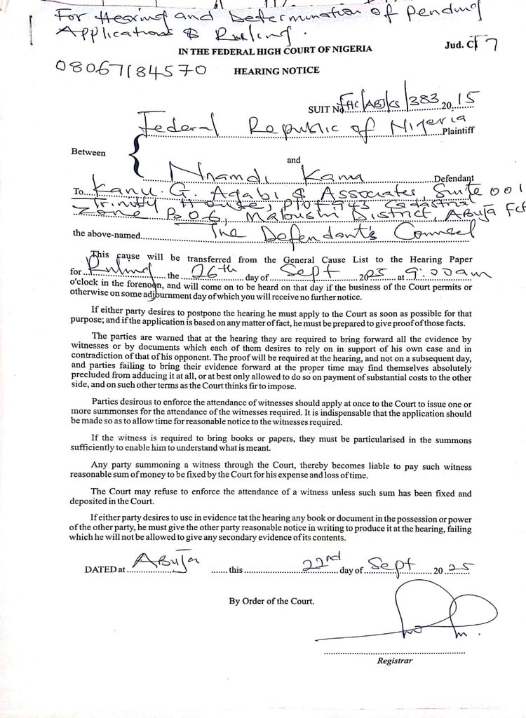 Court Reschedules Ruling On Nnamdi Kanu’s No-Case Submission To September 26