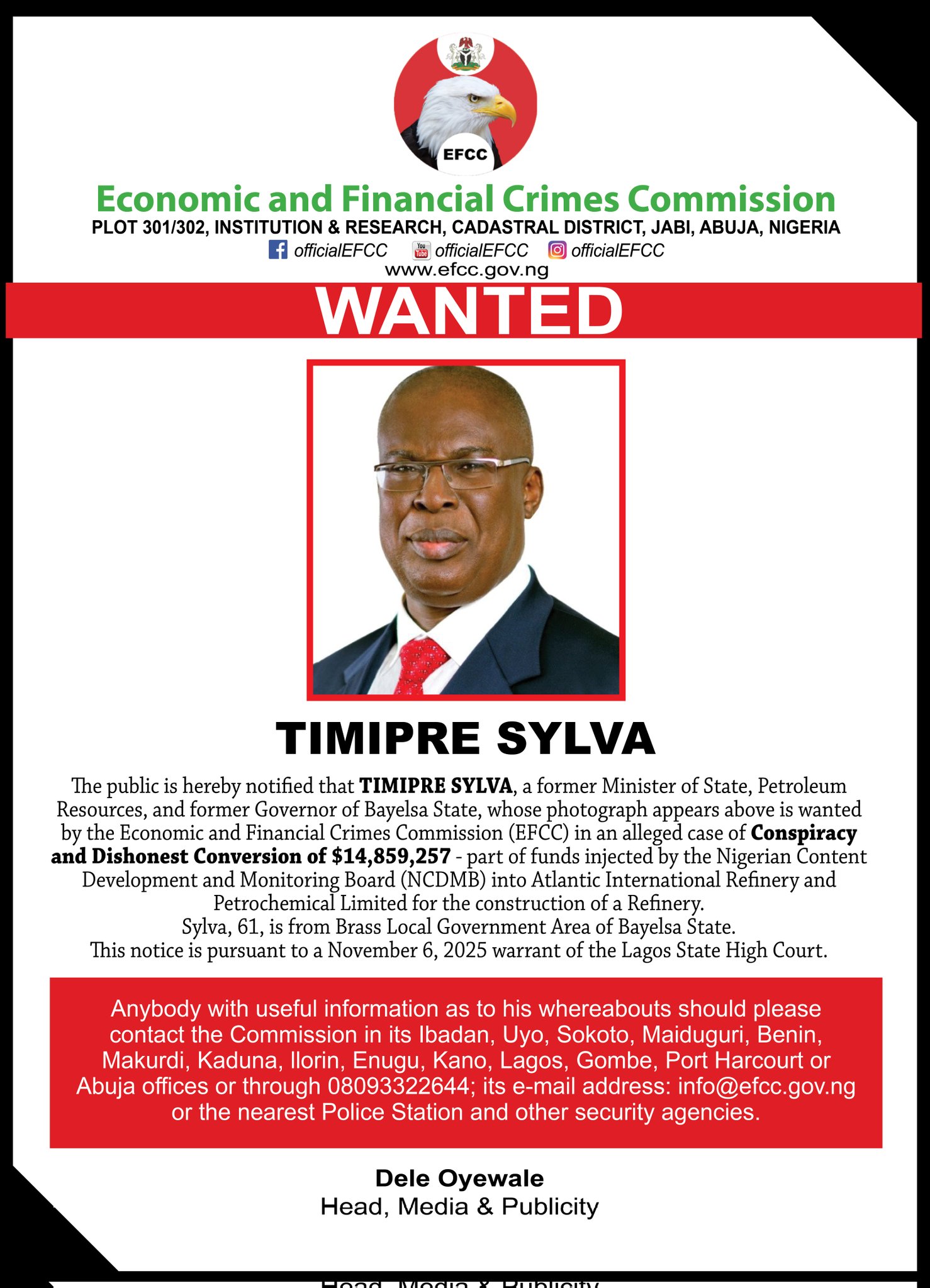 EFCC Declares Ex-Bayelsa Governor Timipre Sylva Wanted