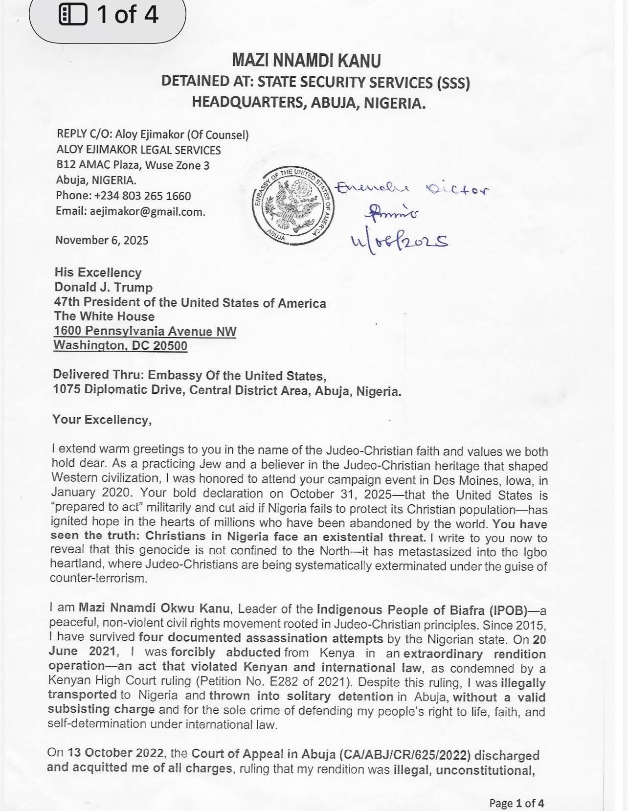 Nnamdi Kanu Writes Trump Ahead Of Court Hearing, Alleges “Hidden Genocide” In Eastern Nigeria [Documents Attached]
