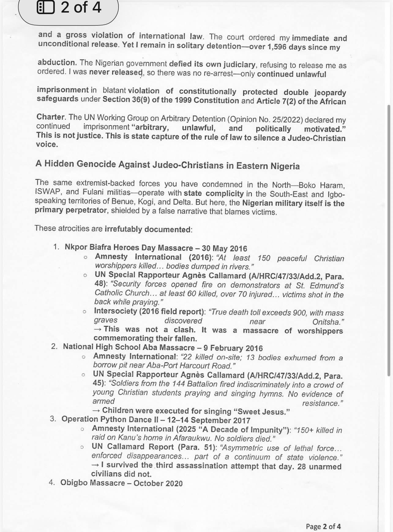 Nnamdi Kanu Writes Trump Ahead Of Court Hearing, Alleges “Hidden Genocide” In Eastern Nigeria [Documents Attached]