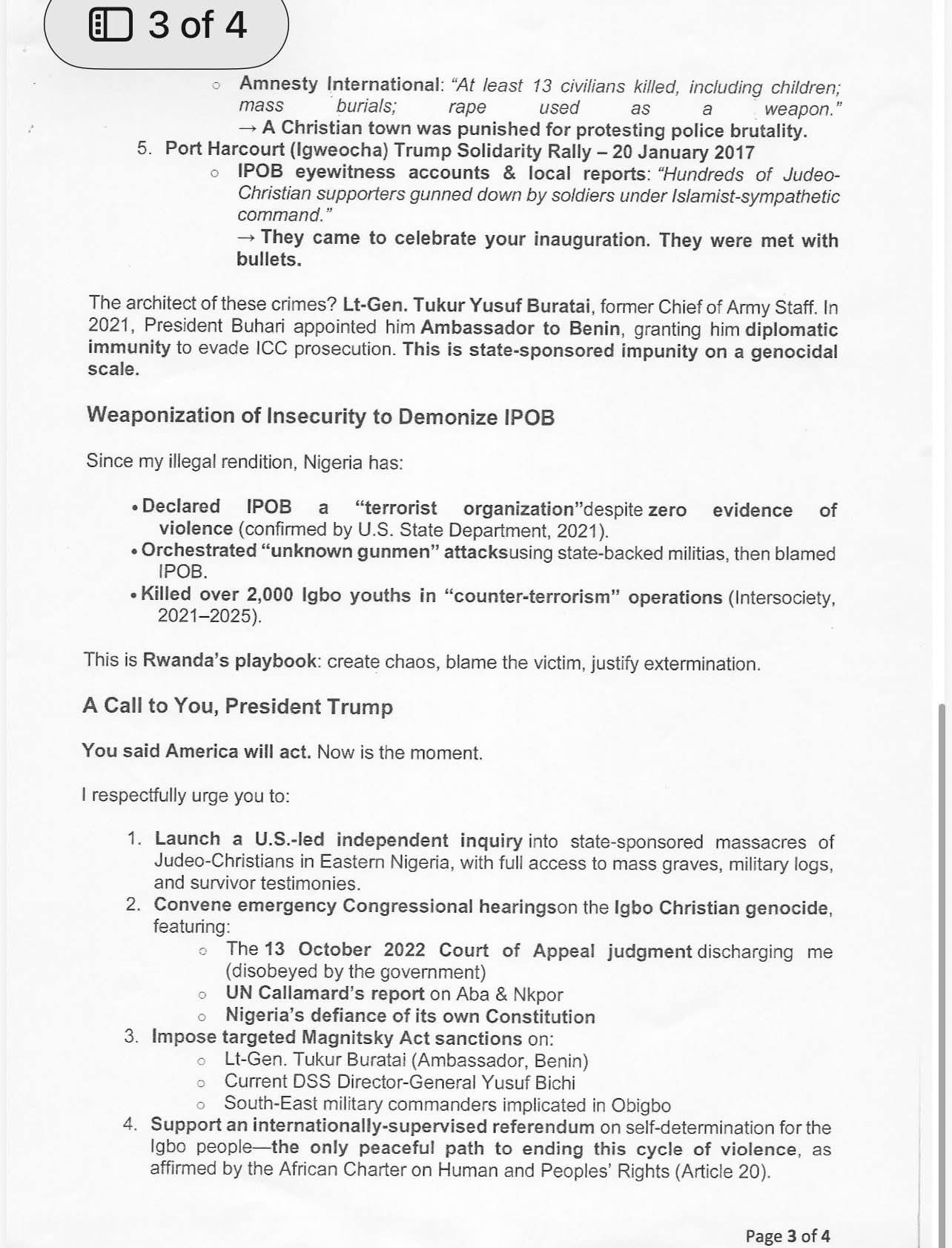 Nnamdi Kanu Writes Trump Ahead Of Court Hearing, Alleges “Hidden Genocide” In Eastern Nigeria [Documents Attached]