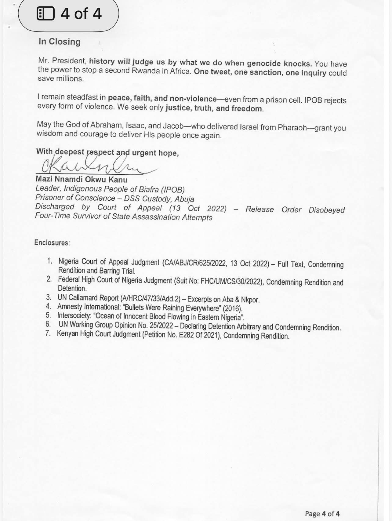 Nnamdi Kanu Writes Trump Ahead Of Court Hearing, Alleges “Hidden Genocide” In Eastern Nigeria [Documents Attached]
