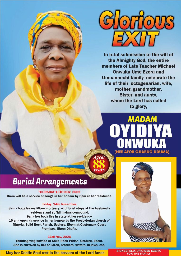 Glorious Exit: Madam Oyidiya Onwuka Set For Burial At Ebem Ohafia This Week [SEE POSTER]