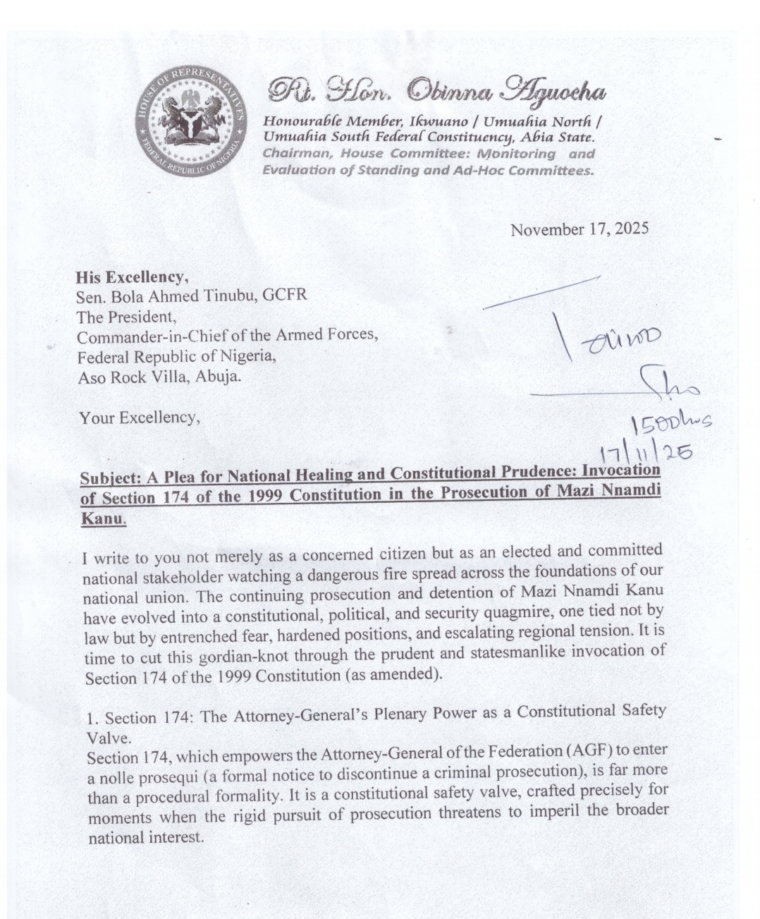 Lawmaker Obi Aguocha Writes Tinubu, Says Nnamdi Kanu’s Trial Is Hurting Nigeria [Letter Attached]