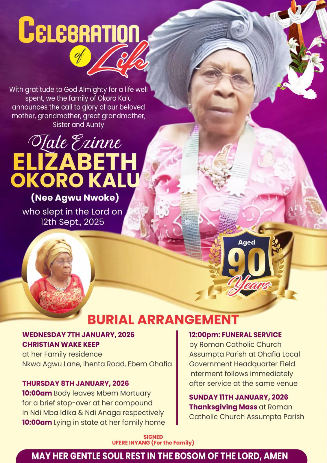 Late Madam Elizabeth Okoro Kalu Set For Burial January 8 In Ebem Ohafia