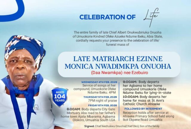 Celebration Of Life: 104-Year-Old Matriarch, Ezinne Monica Nwadimkpa Onuoha, Set For Burial In Umuahia Celebration Of Life: 104-Year-Old Matriarch, Ezinne Monica Nwadimkpa Onuoha, Set For Burial In Umuahia